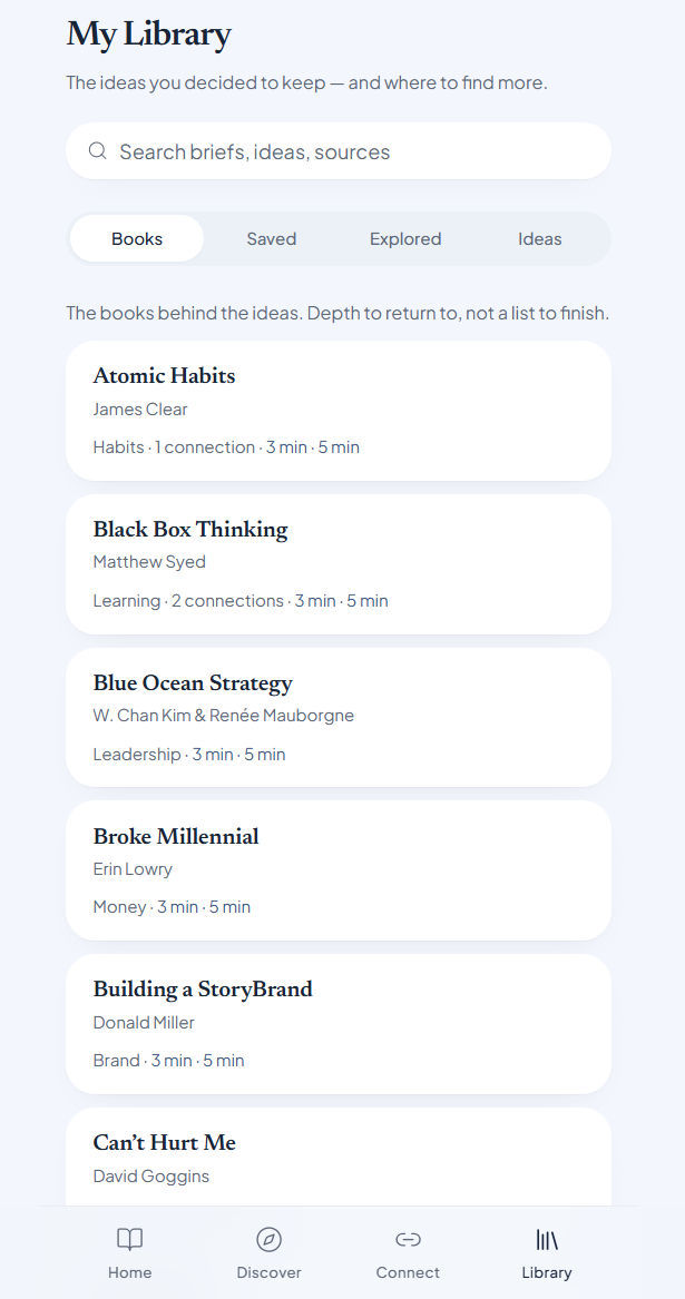 MindBrief Library with books, Saved, Explored and Ideas